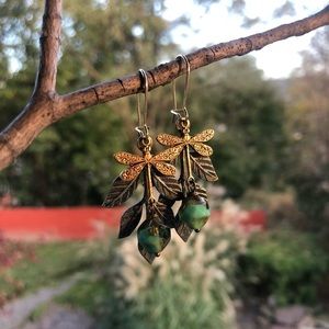 COPY - Handcrafted leaf and Dragonfly glass brass earrings